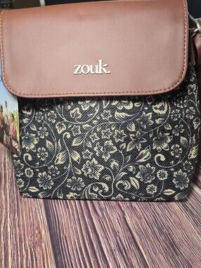 Zouk Ethnic Motifs Printed Structured Sling Bag w brown vegan leather flaP NWT